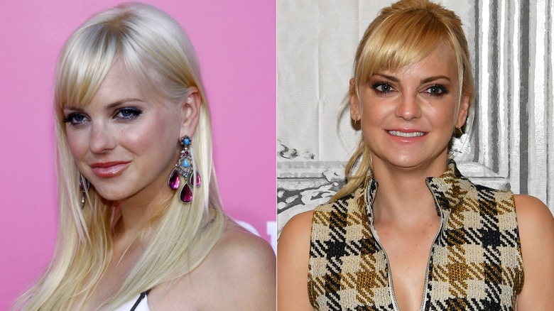 Anna Faris with platinum hair and large earrlings and in a plaid top and hair in ponyrail