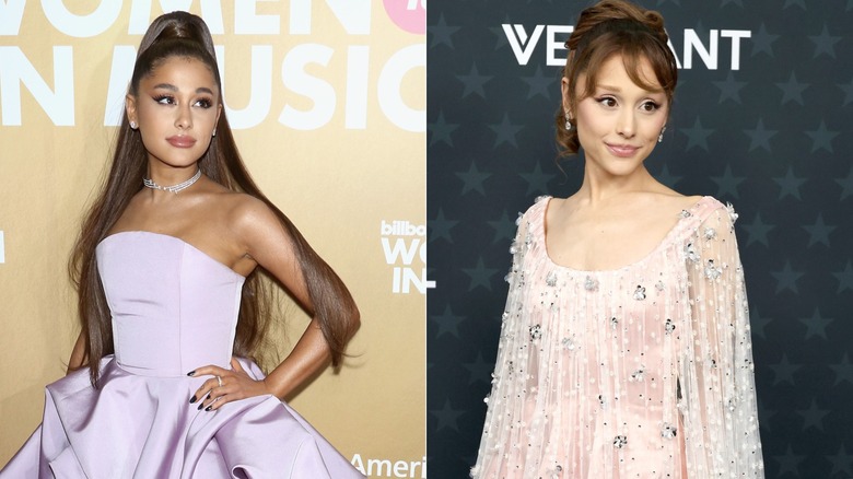 Ariana Grande with long hair in  lavender gown and with hair up in beaded pink long sleeved dress