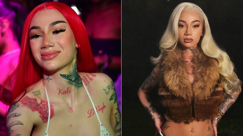 Bhad Bhabie with red hair and tattoos and with blonde hair in a fur top