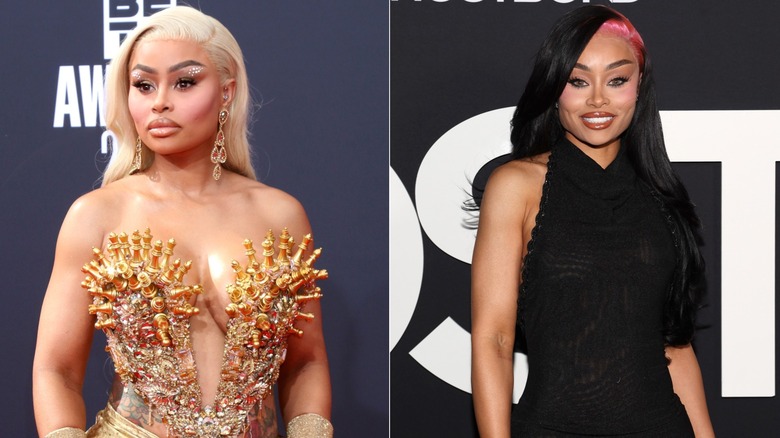 Blac Chyna in gold dress with blonde hair and with dark hair in black dress