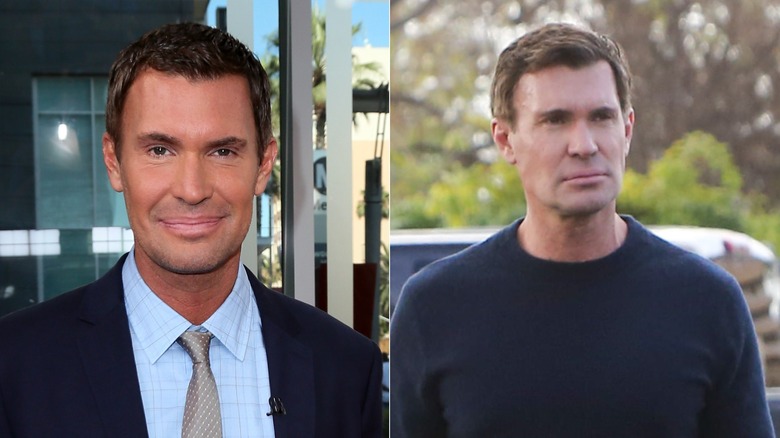 Jeff Lewis in suit and tie and in a navy blue sweater