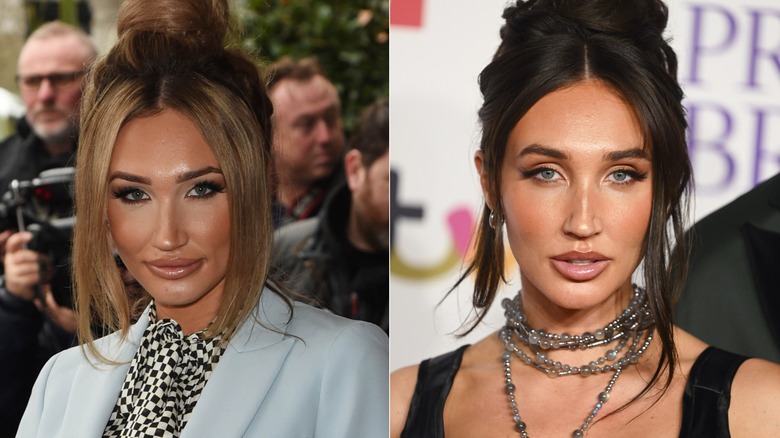 Megan McKenna with black and white shirt and gray jacket with light brown hair and with dark hari in black dress and necklace