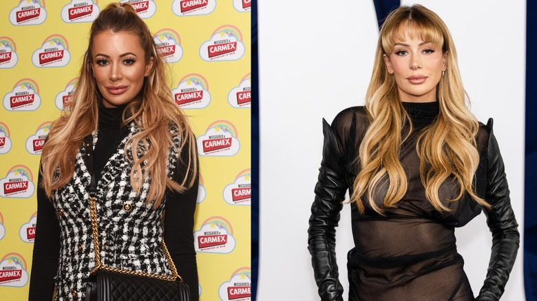 Olivia Attwood with hair half up in black and white checked vest and with hair down in a sheer black dress