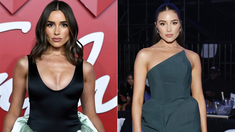 Olivia Culpo with hair down in black low cut dress and with hair up in asymmetrical black gown
