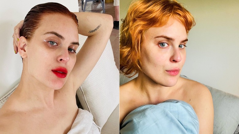 Tallulah Willis with hand behind head with hair back and red lips and with orange hair