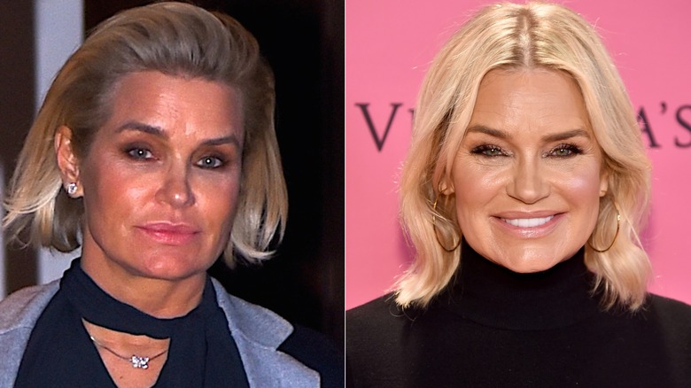 Yolanda Hadid tan with dark blonde hair and in a black turtleneck with light blonde hair