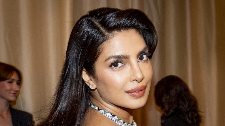 Close up of Priyanka Chopra's face on the 2026 Oscars red carpet