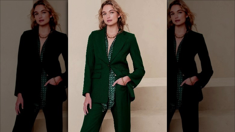 Banana Republic model wears green suit
