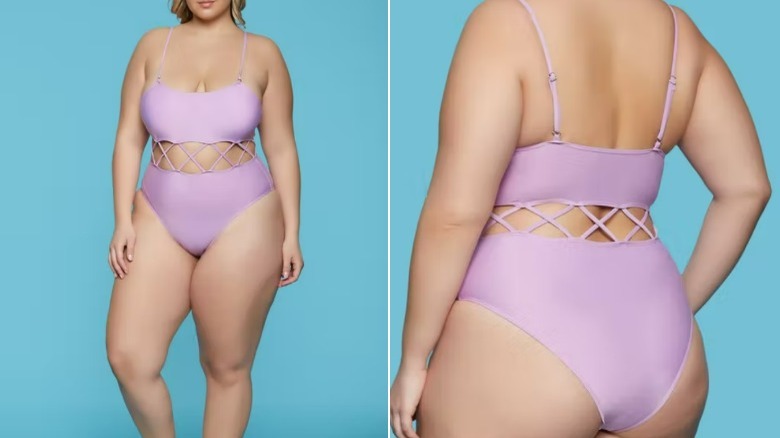 Model wearing purple cut-out swimsuit