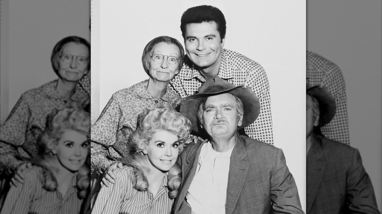 Irene Ryan smiling with Max Baer Jr., Donna Douglas, and Buddy Ebsen