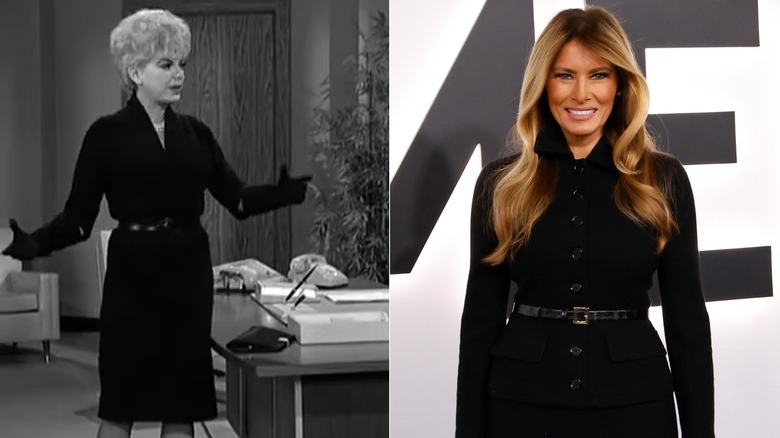 Barbara Nichols in a black belted dress and Melania Trump at her premiere in a black belted dress