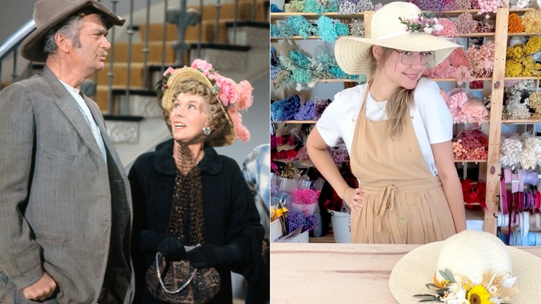 Bea Benaderet in a flower hat on "The Beverly Hillbillies" and a woman on Instagram making flower hats
