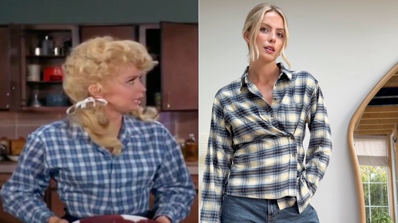 Donna Douglas in a blue plaid shirt and a woman on Instagram in a blue plaid shirt