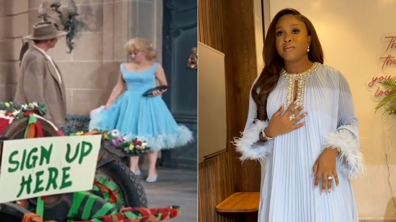 Donna Douglas in a blue dress with feather trim and a woman on Instagram in a blue dress with feather trim