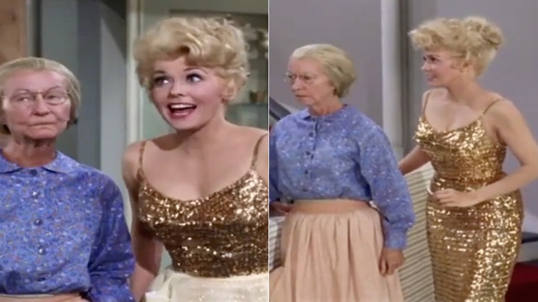 Donna Douglas in a gold sequin dress on "The Beverly Hillbillies" standing with Granny in two scenes