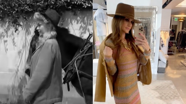 Donna Douglas in a hat and blazer while walking a donkey and a woman on Instagram in a hat and blazer