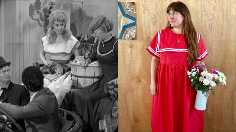 Donna Douglas in the car on "The Beverly Hillbillies" and a woman on Instagram in a red sailor dress