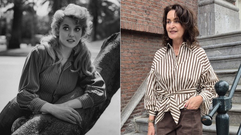 Donna Douglas in a striped blouse leaning on a tree and a woman in a brown striped blouse by a stairwell