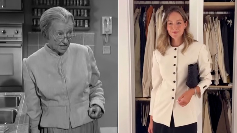 Granny in a collarless blazer on "The Beverly Hillbillies" and a woman on Instagram in a cream collarless blazer