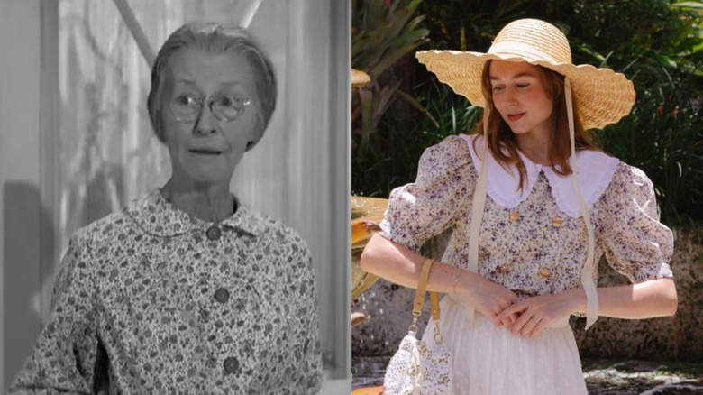 Granny in a floral blouse on "The Beverly Hillbillies" and a woman in a Peter Pan floral blouse on Instagram
