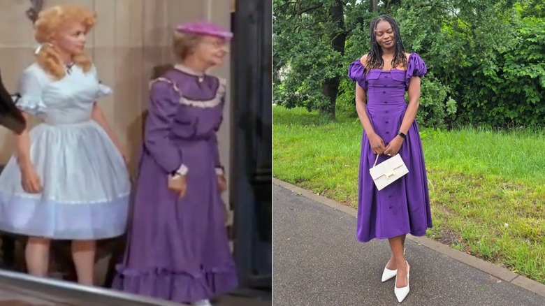 Granny in a purple dress on "The Beverly Hillbillies" and a woman on Instagram in a purple peasant dress