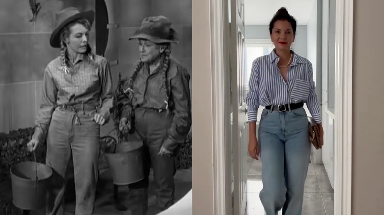 Joanna Barnes in high-waisted jeans with a hat and a woman on Instagram in a similar outfit.