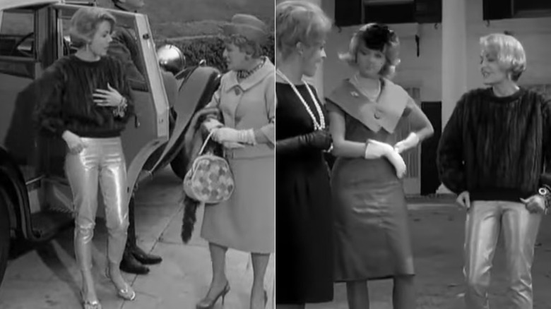Joanna Barnes on "The Beverly Hillbillies" in gold pants and a furry sweater