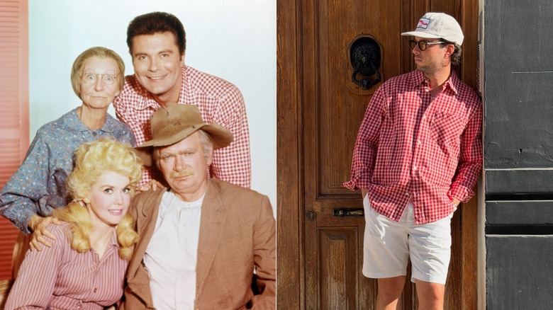 "The Beverly Hillbillies" core cast and a man on Instagram posing against a door in a red gingham shirt