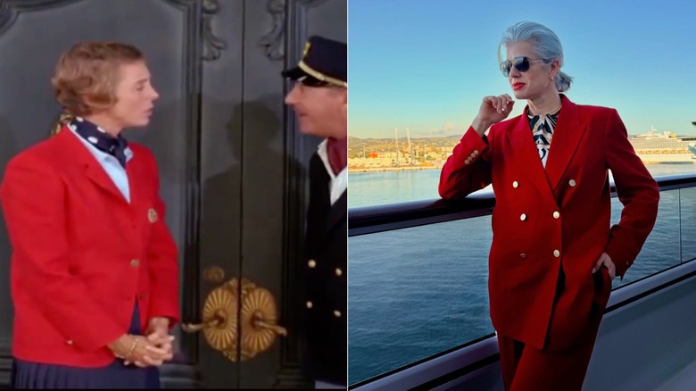 Nancy Kulp in a nautical outfit on "The Beverly Hillbillies" and a woman on Instagram in a red nautical version