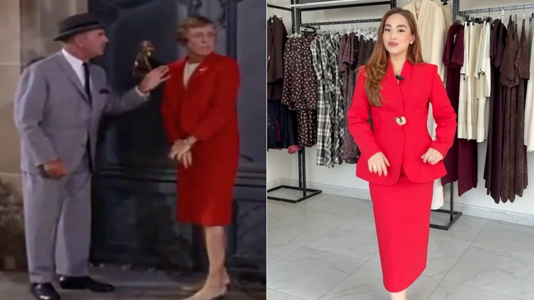 Nancy Kulp in a red skirt suit and a woman on Instagram in a red skirt suit