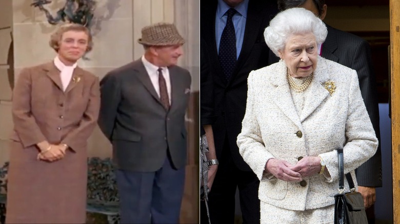 Nancy Kulp in a brown skirt suit with a brooch and Queen Elizabeth in a cream skirt suit with a brooch