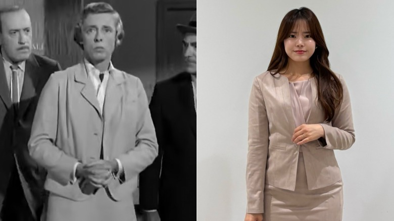 Nancy Kulp in a beige skirt suit on "The Beverly Hillbillies" and a woman on Instagram in a beige skirt suit