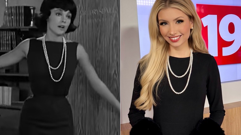 Sharon Tate on "The Beverly Hillbillies" in a black dress with pearls
