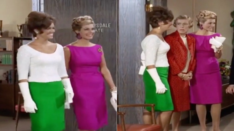 A woman on The Beverly Hillbillies in a green and white skirt next to a woman in a pink dress