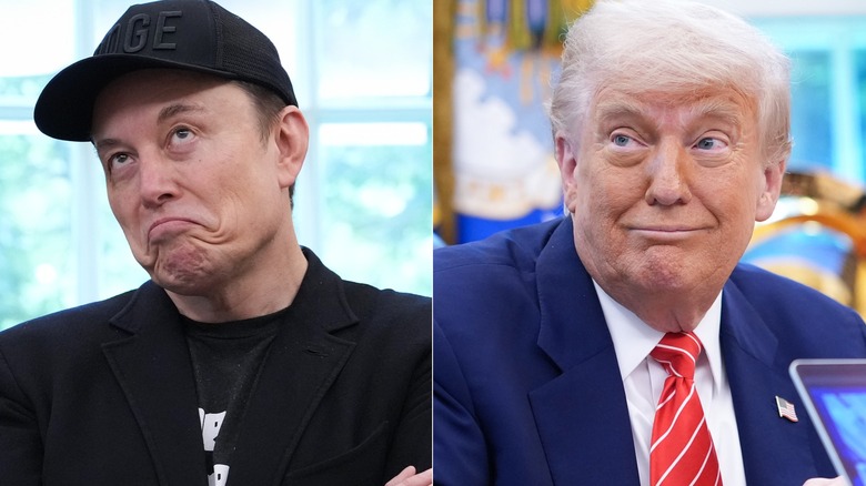 Elon Musk pictured rolling his eyes next to an image of Donald Trump raising his eyebrows