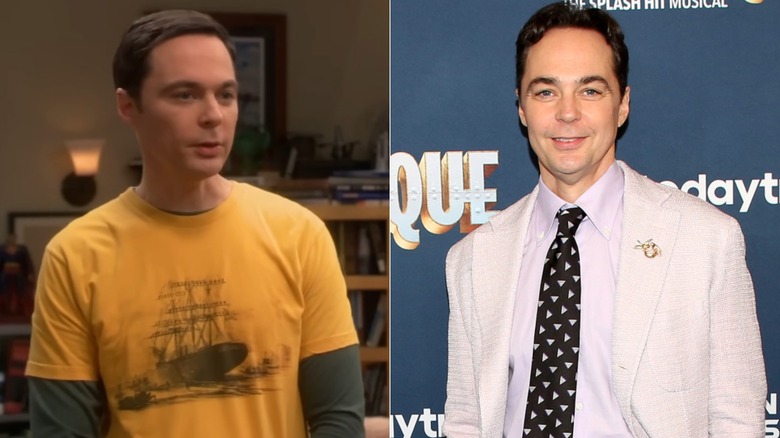 Split image of Jim Parsons wearing a yellow T-shirt with a ship on it on "The Big Bang Theory" and wearing a white jacket and black tie with a white triangle print at an event.
