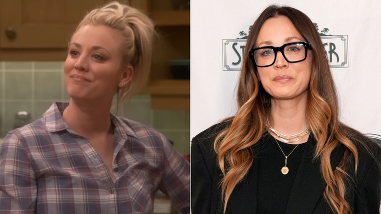 Split image of Kaley Cuoco wearing a light-colored plaid button-up on "The Big Bang Theory" and wearing a black jacket and glasses with dark frames at an event.