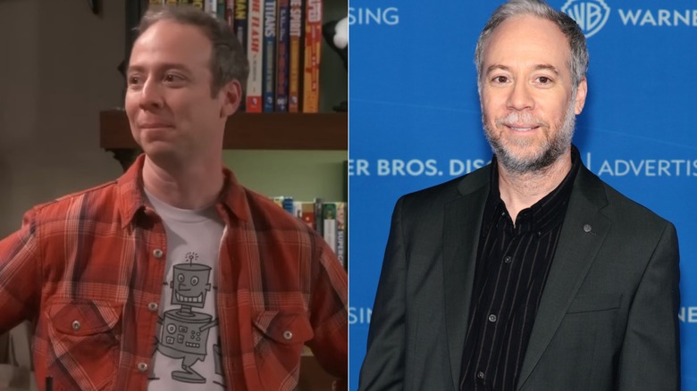 Split image of Kevin Sussman wearing a robot T-shirt and red plaid flannel on "The Big Bang Theory" and wearing a black shirt and jacket at an event. wearing