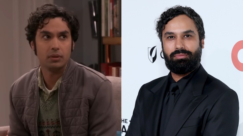 Split image of Kunal Nayyar wearing a gray jacket and green sweater on "The Big Bang Theory" and wearing an all-black suit and tie at an event.