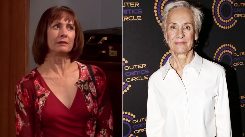 Split image of Laurie Metcalf with a red bob haircut on "The Big Bang Theory" and with a gray pixie haircut at an event.