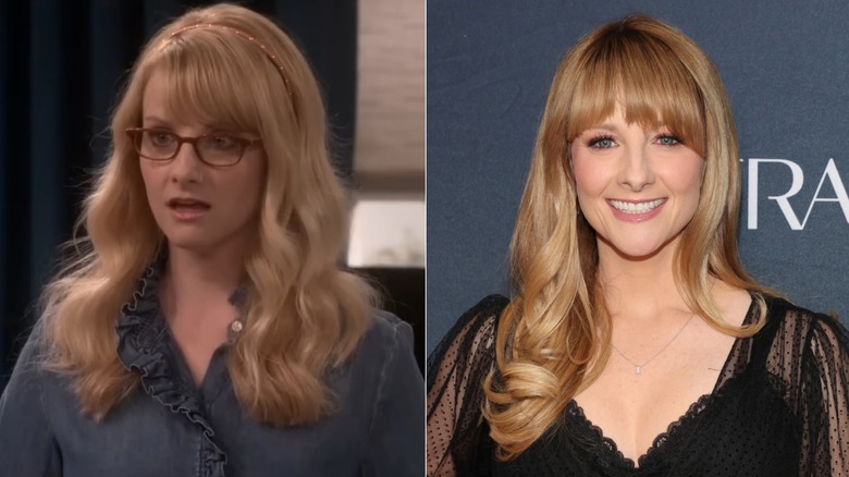 Split image of Melissa Rauch wearing glasses and a ruffled chambray shirt on "The Big Bang Theory" and wearing a black semi-sheer top at an event.
