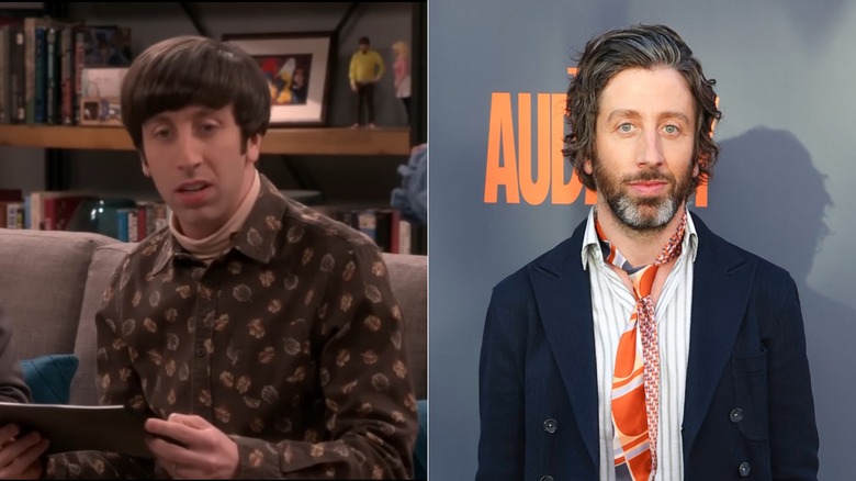 Split image of Simon Helberg wearing a brown leaf-print shirt on "The Big Bang Theory" and wearing an orange patterned tie and dark blue blazer at an event.