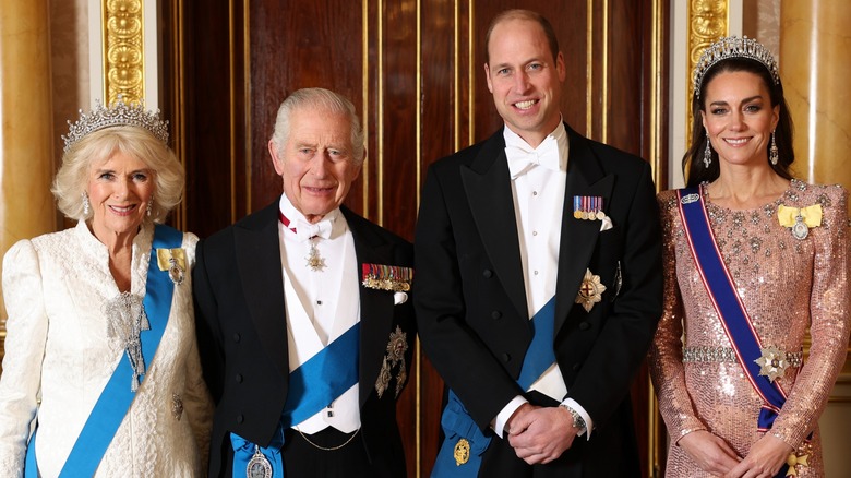 Queen consort Camilla, King Charles III, Prince William, Kate Middleton smiling