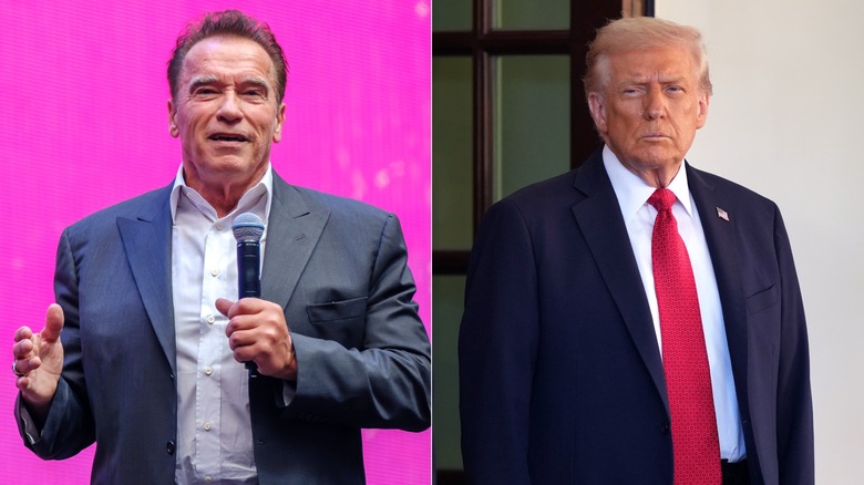 Side-by-side photos of Arnold Schwarzenegger and Donald Trump wearing suits