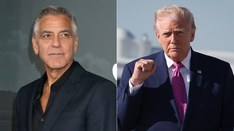 Side-by-side photos of George Clooney and Donald Trump wearing suits