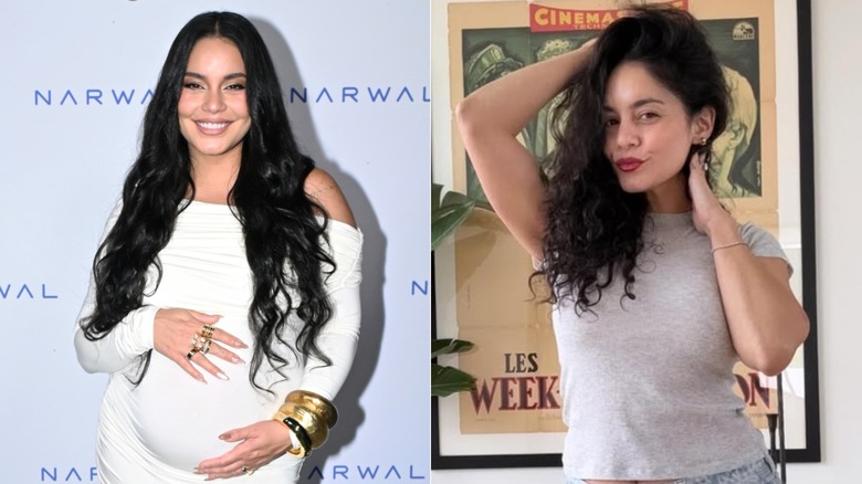 A pregnant Vanessa Hudgens smiles at a red carpet event in 2025 & poses for an Instagram photo in 2026