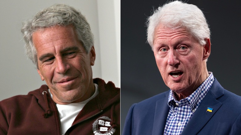 Split image featuring close-ups of Jeffrey Epstein and Bill Clinton