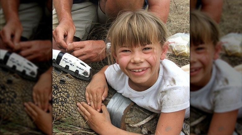 Bindi Irwin helping her dad hold down a crocodile.