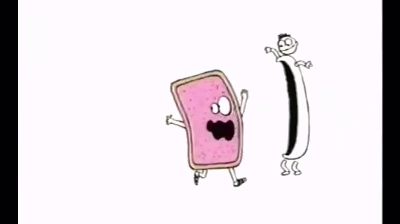 A cartoon of a Pop-Tart running into an open stomach.