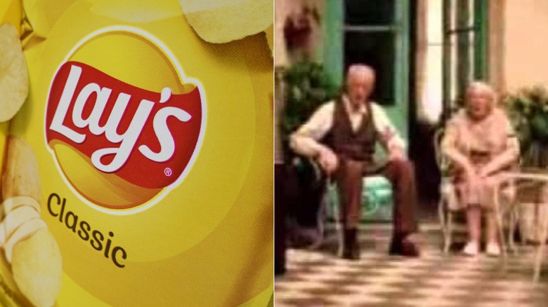 Split image of a bag of classic Lay's chips and a commercial featuring old fighting couple.